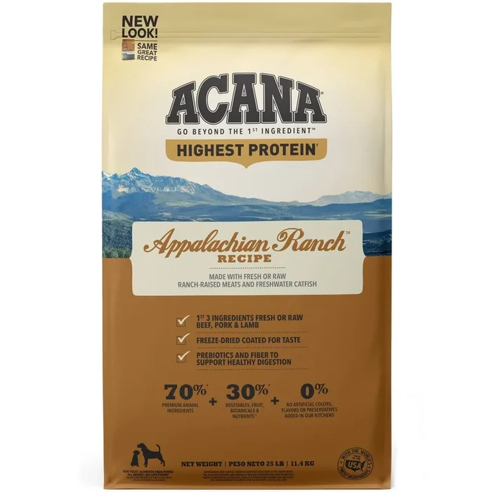 Acana Highest Protein Appalachian Ranch Dry Dog Food – Beef, Pork, & Lamb – 25lb Bag