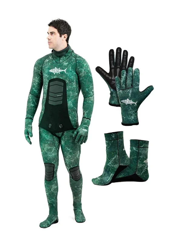 Adreno Mens Abrolhos 3.5mm Two Piece Wetsuit, Diving Gloves, Diving Socks – Combo