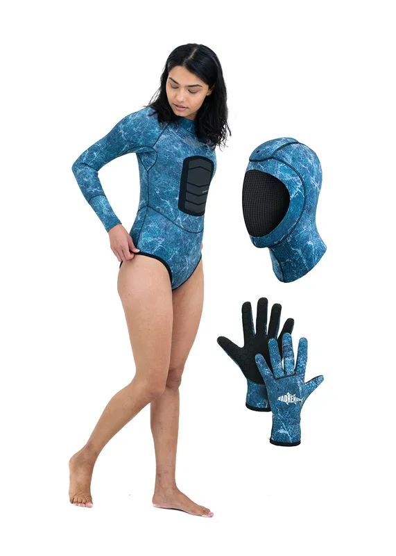 Adreno Womens Ascension 2.5mm Spring Suit, Diving Gloves, Diving Hood – Combo