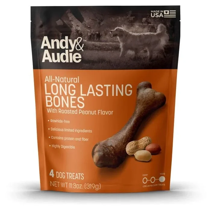 Andy & Audie All-Natural Long Lasting Bones With Roasted Peanut Flavor Femur Treats – 4 Count, 11.3oz