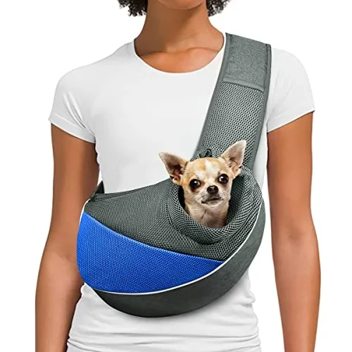 AOFOOK Dog Cat Sling Carrier, Keep Pet Safe in Carrier，Adjustable Padded Shoulder Strap, with Mesh Pocket for Outdoor Travel (S – Up to 5 lbs, Royal Blue – Grey)
