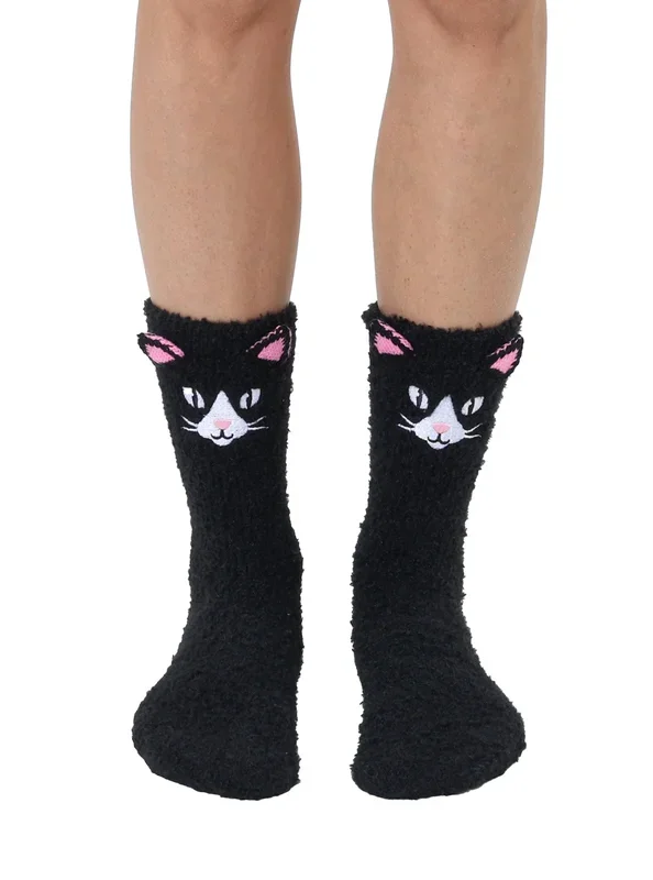 Black Cat Fuzzy Crew Socks