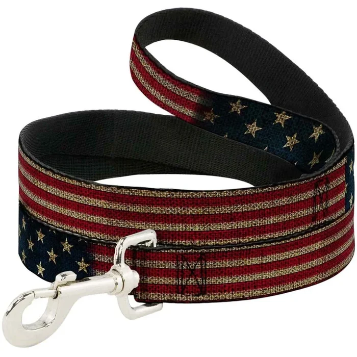 Buckle-Down Pet Leash – Vintage US Flag Stretch – 6 Feet Long – 1