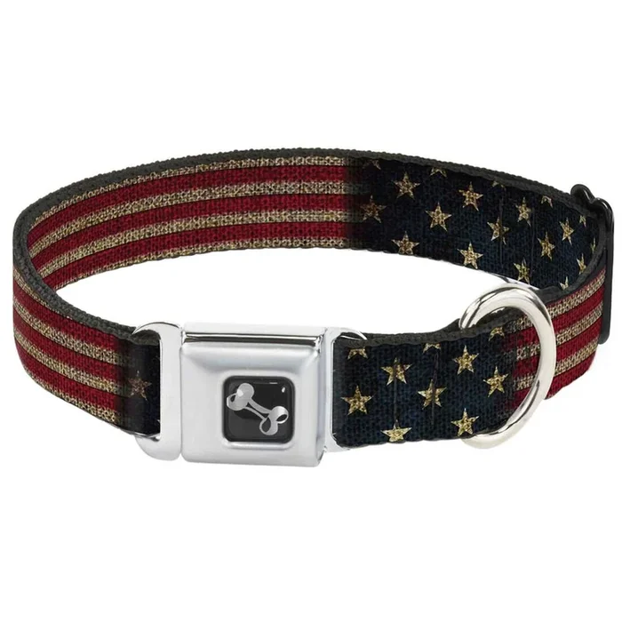 Buckle-Down Seatbelt Buckle Dog Collar – Vintage US Flag Stretch – 1
