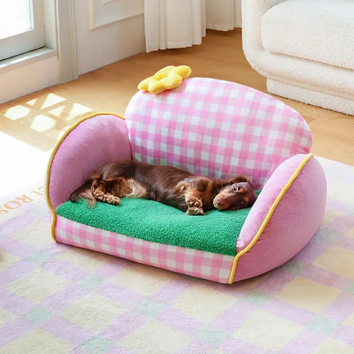 Charming Pink Checkered Washable Dog & Cat Sofa Bed