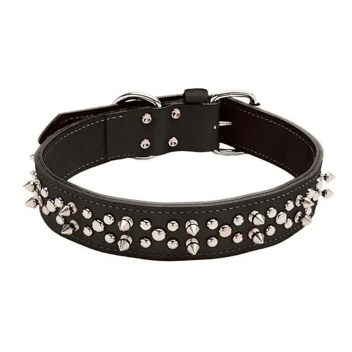 Circle T Oak Tanned Leather Double-Ply Spiked Dog Collar, Black, Large