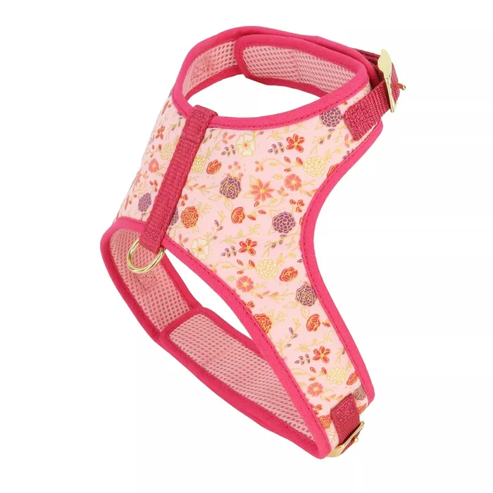 Coastal Accent Metallic Adjustable 5/8in Wide 16-20in Dog Harness Pink Flowers