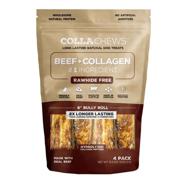 CollaChews Bully Collagen Roll Dog Treats, 6 Inches, 4 Pack