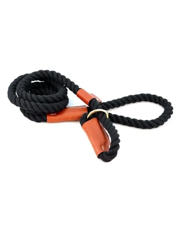 Cotton Rope & Leather Black Leash 6ft