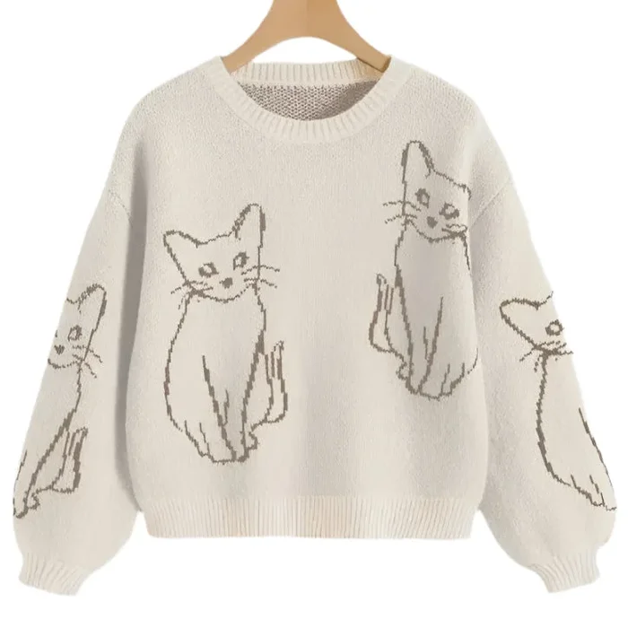 Cozy Cream Sweater with Tan Kitty Outline