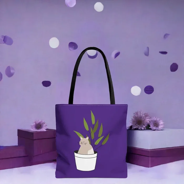 Cute Cat in Plant Tote Bag – Purple Floral Eco-Friendly Bag for Cat Lovers
