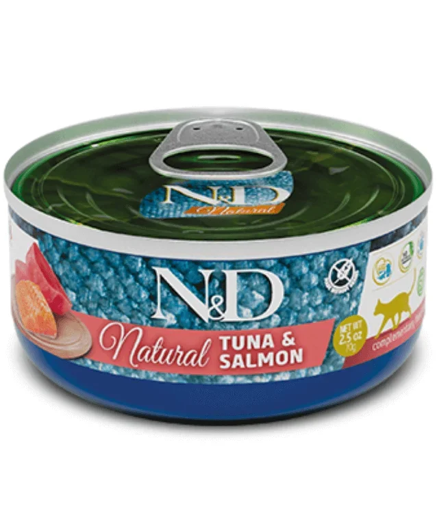 Farmina – N&D Natural, Tuna and Salmon Grain Free Adult Wet Cat Food Shredded in Broth 70g