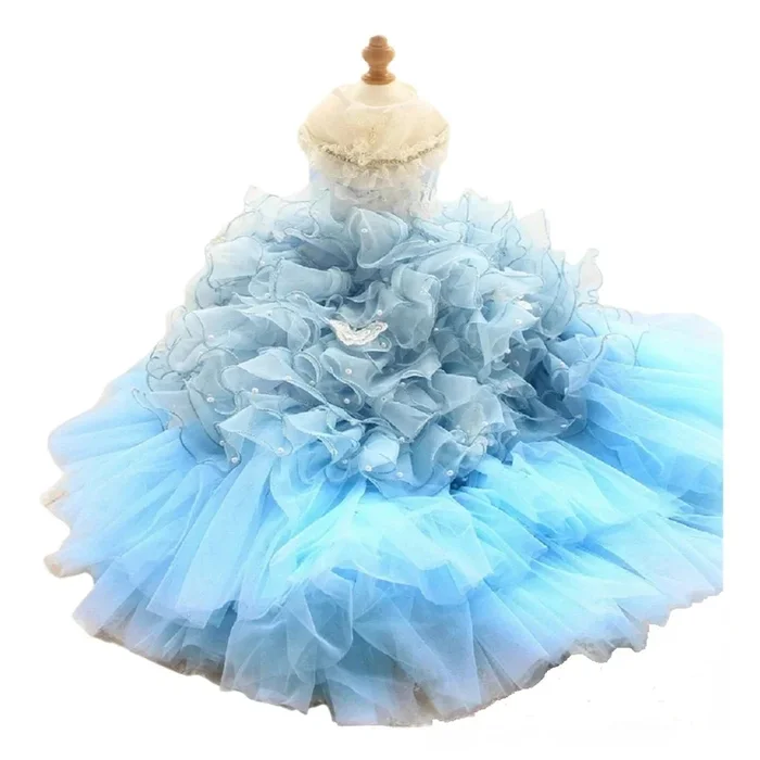 Handmade Luxury Pet Gown Trailing Dress Blue Chiffon Dog Gown Dog Dress