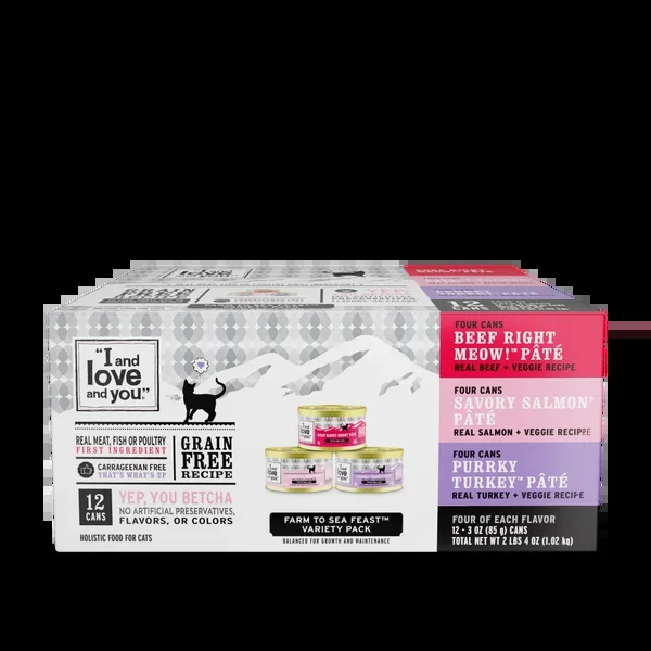 I and Love and You Beef, Right Meow!, Savory Salmon, and Purrky Turkey Pate Multi-Pack Canned Cat Food