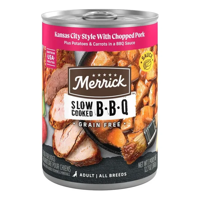 Merrick Slow-Cooked BBQ Premium Grain Free Wet Dog Food, Kansas City Style With Pork – 12.7 Ounce Ca