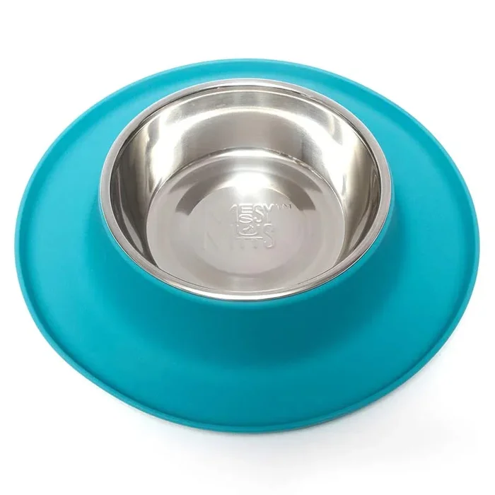 Messy Mutts Silicone & Stainless Steel Dog Feeder Bowl – Medium – Blue – 1.5 Cup Capacity