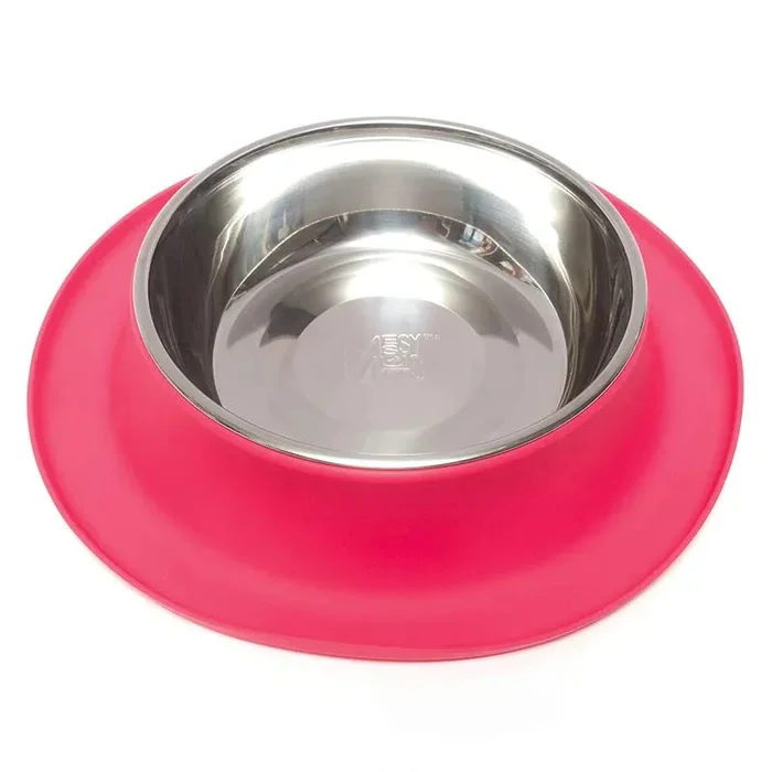 Messy Mutts Silicone & Stainless Steel Dog Feeder Bowl – Medium – Red- 1.5 Cup Capacity