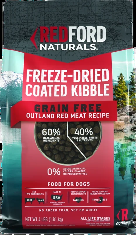 Redford Naturals Grain Free Freeze-Dried Coated Kibble Dry Dog Food, Outland Red Meat Recipe, 4 Poun
