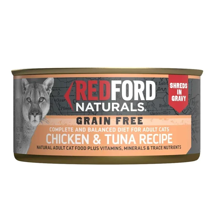 Redford Naturals Natural Wet Cat Food, Adult Grain Free Chicken and Tuna Shreds in Gravy, 3 Ounces