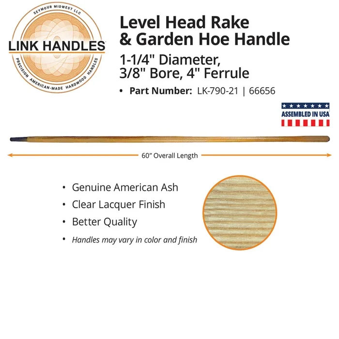 Seymour Link Handle 60″ level head rake and garden hoe Handle, 1-1/4″ diameter, ferruled, 3/8″ bore