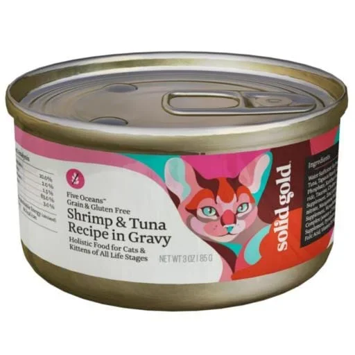 Solid Gold Five Oceans Grain-Free Shrimp and Tuna in Gravy Recipe Canned Cat Food – 3 Oz – Case of 24