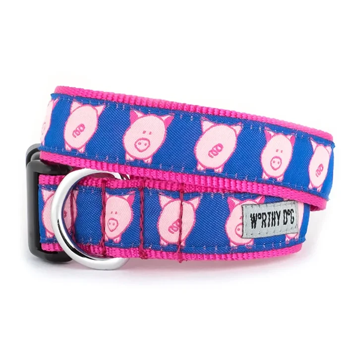 The Worthy Dog Wilbur Pig Dog Collar, Blue, Small