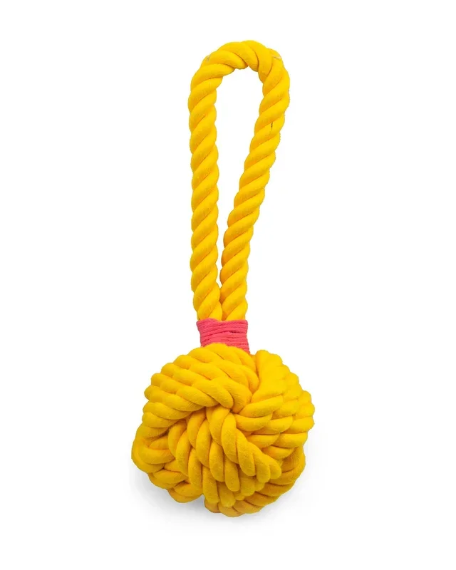 ThoozyPet Ball Tug Rope Dog Toy with Handle Yellow 5″