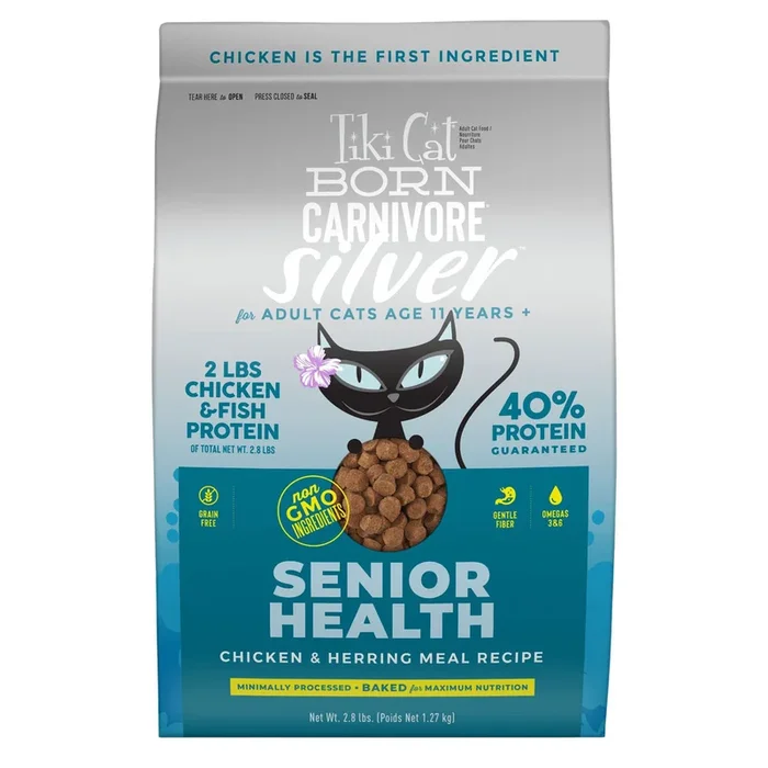Tiki Cat Born Carnivore Silver Senior Health Dry Cat Food – Chicken & Herring – 2.8lb Bag