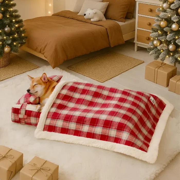 Vintage Plaid Plush Detachable Orthopedic Dog Bed with Pillow – Puppy Snug