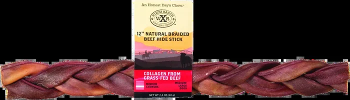 Wixom Ranch Natural Chews Collagen Beef Hide Braid, 12 Inches