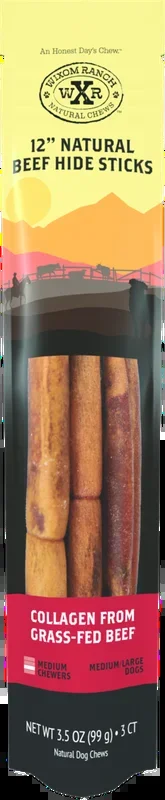 Wixom Ranch Natural Chews Collagen Beef Hide Stick, 12 Inches, 3 Count