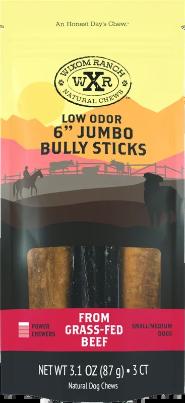 Wixom Ranch Natural Chews Low Odor Jumbo Bully Stick, 6 Inches, 3 Count
